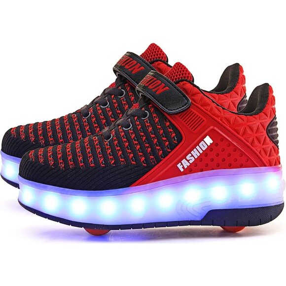 Kids Black Red Usb Chargeable Led Light Up Double Wheeled Skate Sneaker Shoes